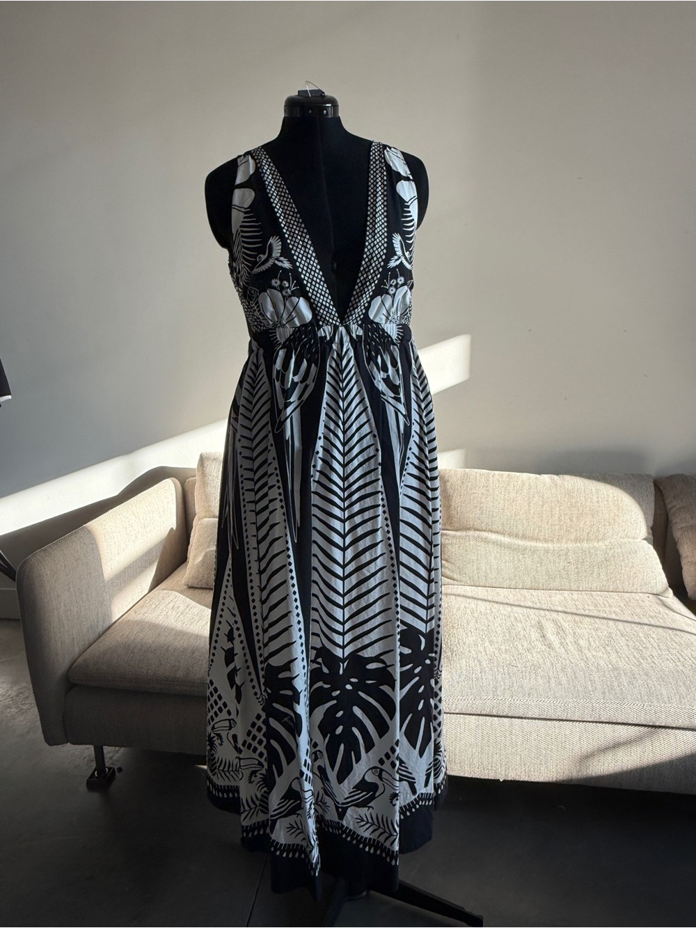 Farm Rio Black & White V-Neck Maxi Dress with Botanical Print